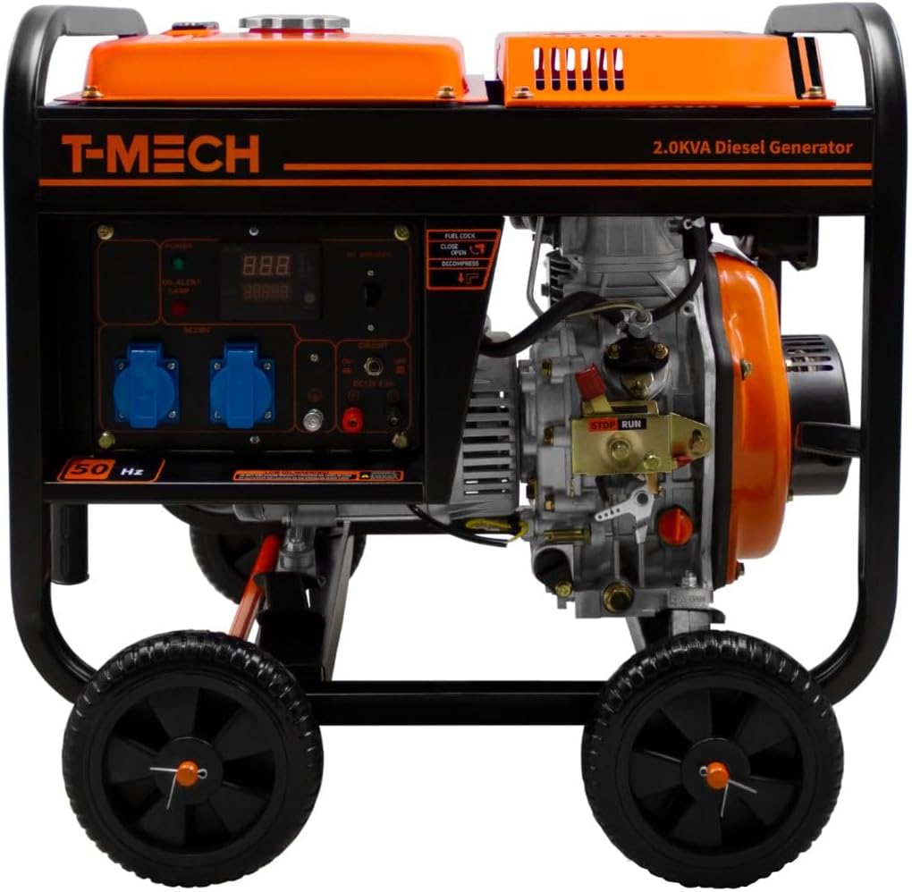 T-Mech Powerstation, 3.8 kW, 12,5 L, 230 V, Schwarz/Orange, 2kVA Diesel Stromerzeuger Offen Generator Stromaggregat
