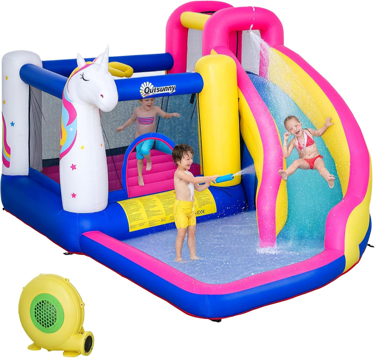Outsunny Hüpfburgen, 360x305x210 cm, Blau/Rosa/Gelb/Weiß, Hüpfburg mit Gebläse 5 in 1 aufblasbare Wasserpark im