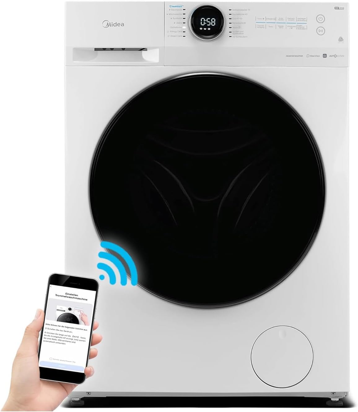 Midea Waschmaschine, 59,5 cm, 10KG, Weiß/Schwarz, MF200W100WB-14A /1400 u/min/A/Leiser Inverter, Weiß