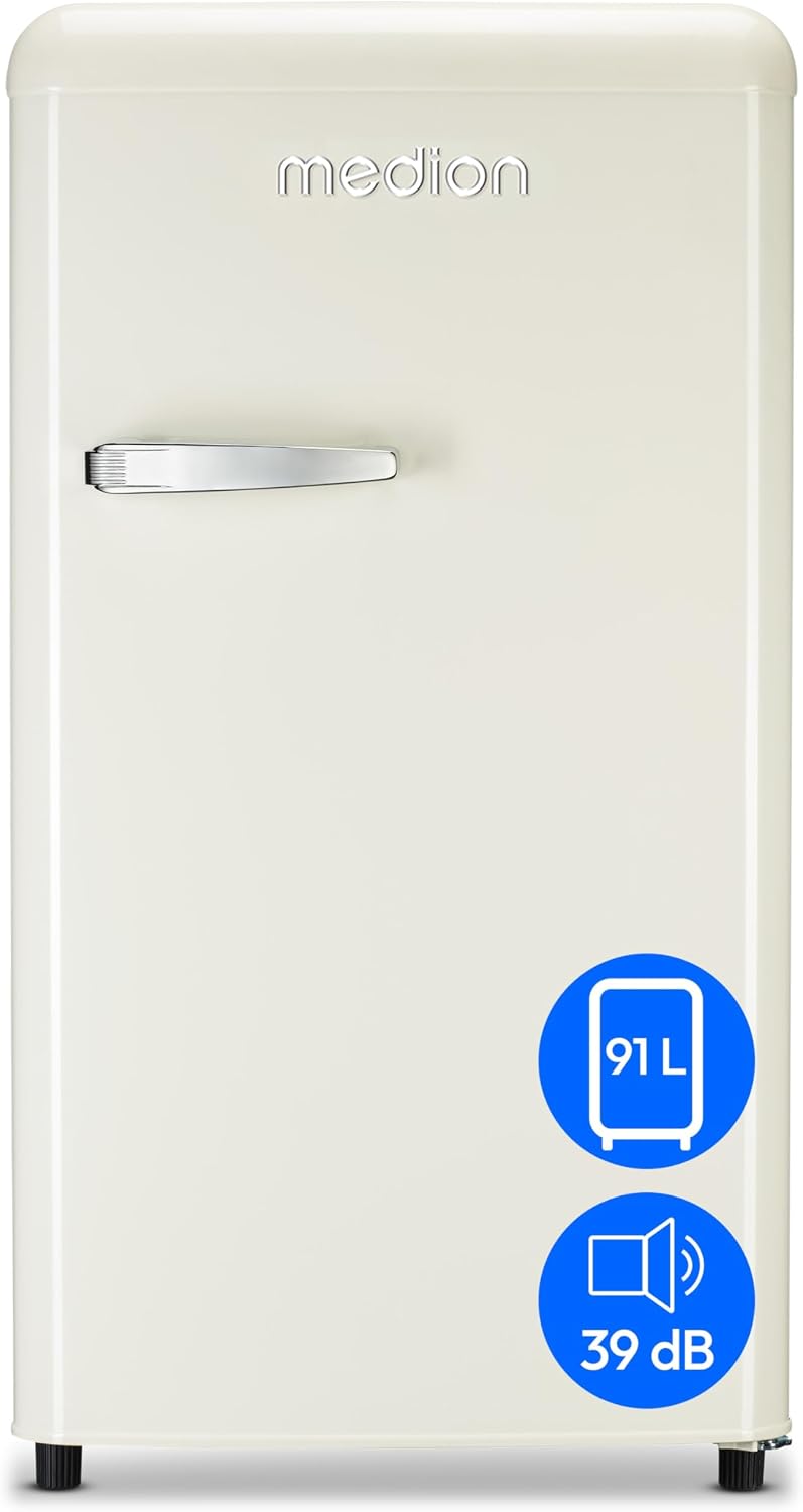 MEDION Kühlschrank, 91 Liter, 91 cm, Creme, Retro (, Höhe (höhenverstellbare Füße), höhenverstellbare Glasablagen