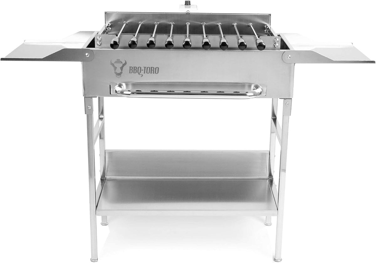BBQ-Toro Holzkohlegrill, Silber, Grilltisch mit elektrischem Spiessdreher und Grillrost, Edelstahl Grill mit Drehspiess Aufsatz 9 Spießen Grillrost