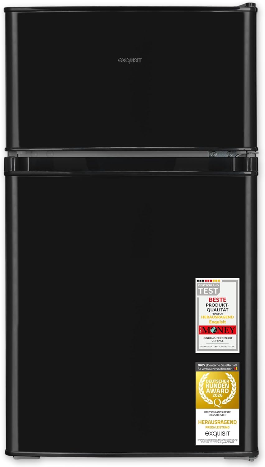 Exquisit Kühl-Gefrierkombination, 40 dB, 85 l, Schwarz, Nutzinhalt, Energieklasse E, kompakte Bauform, 4-Sterne-Gefrierfach