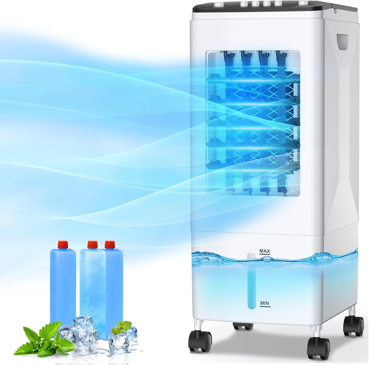 Lyxovix Mobiles Klimagerät, 35 dB, 60 W, 6 L, Weiß/Blau, Mobile Klimaanlage 3-in-1 Luftkühler, Wassertank, 3 Kühlakkus