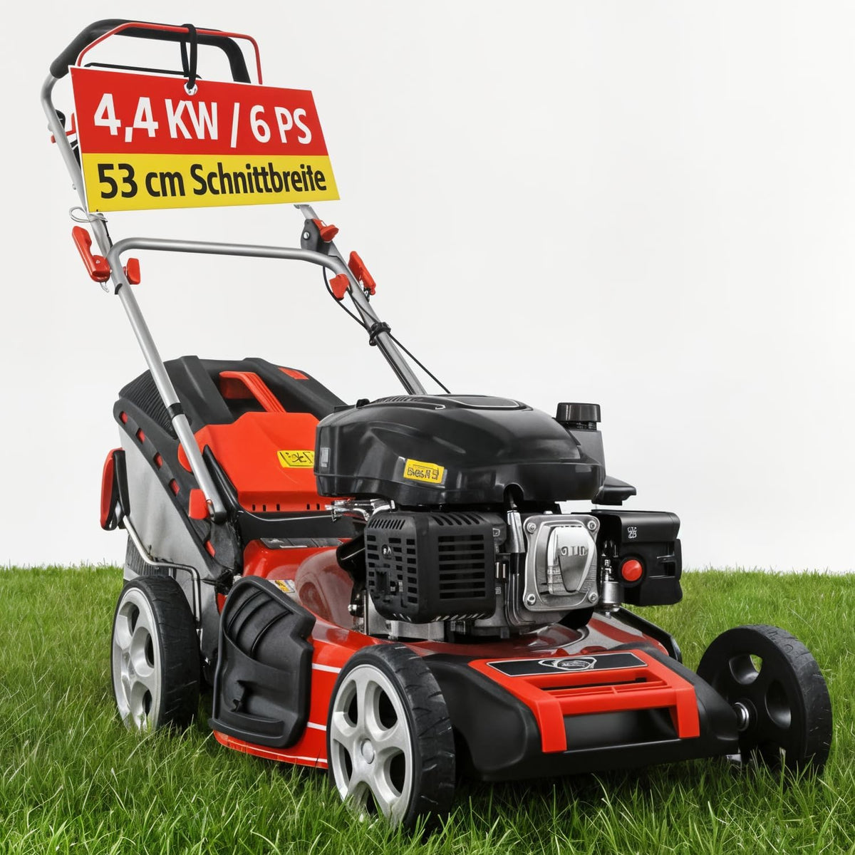 Hecht Rasenmäher, 4,4 kW, 53 cm, 75 l, schwarz/rot/silber, 5-IN-1 Benzin, leistungsstarker 4 Takt Eco Motor (6