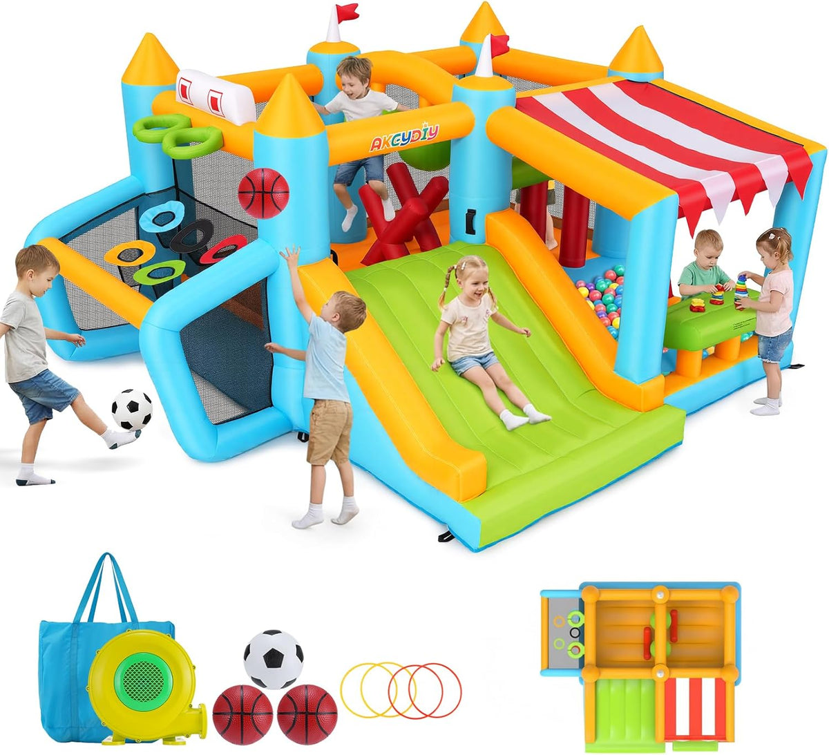 AKEYDIY Hüpfburgen, Blau/Orange/Grün/Rot/Gelb, Aufblasbare Hüpfburg für Kinder von 3-12 Jahren, geeignet für drinnen und draußen