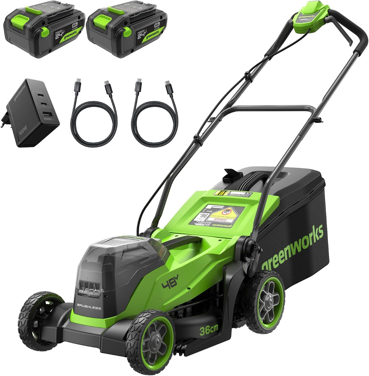 Greenworks Rasenmäher, 400m, 35 cm, 48 V, 24 V, Grün/Schwarz, ( x 2) Akku bis zu ², Schnittbreite, 3 Jahre Garantie-MO48L421-01