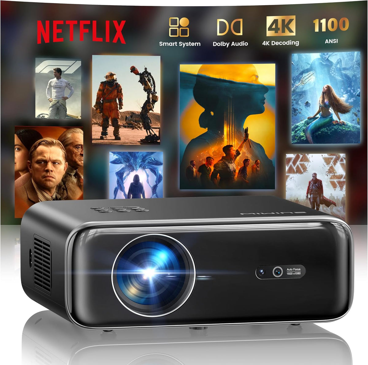 WiMiUS Beamer, Schwarz, Smart, jetzt mit Netflix, Dolby Audio, 1100 ANSI Autofokus/6D Trapezkorrektur Led 4K Heimkino